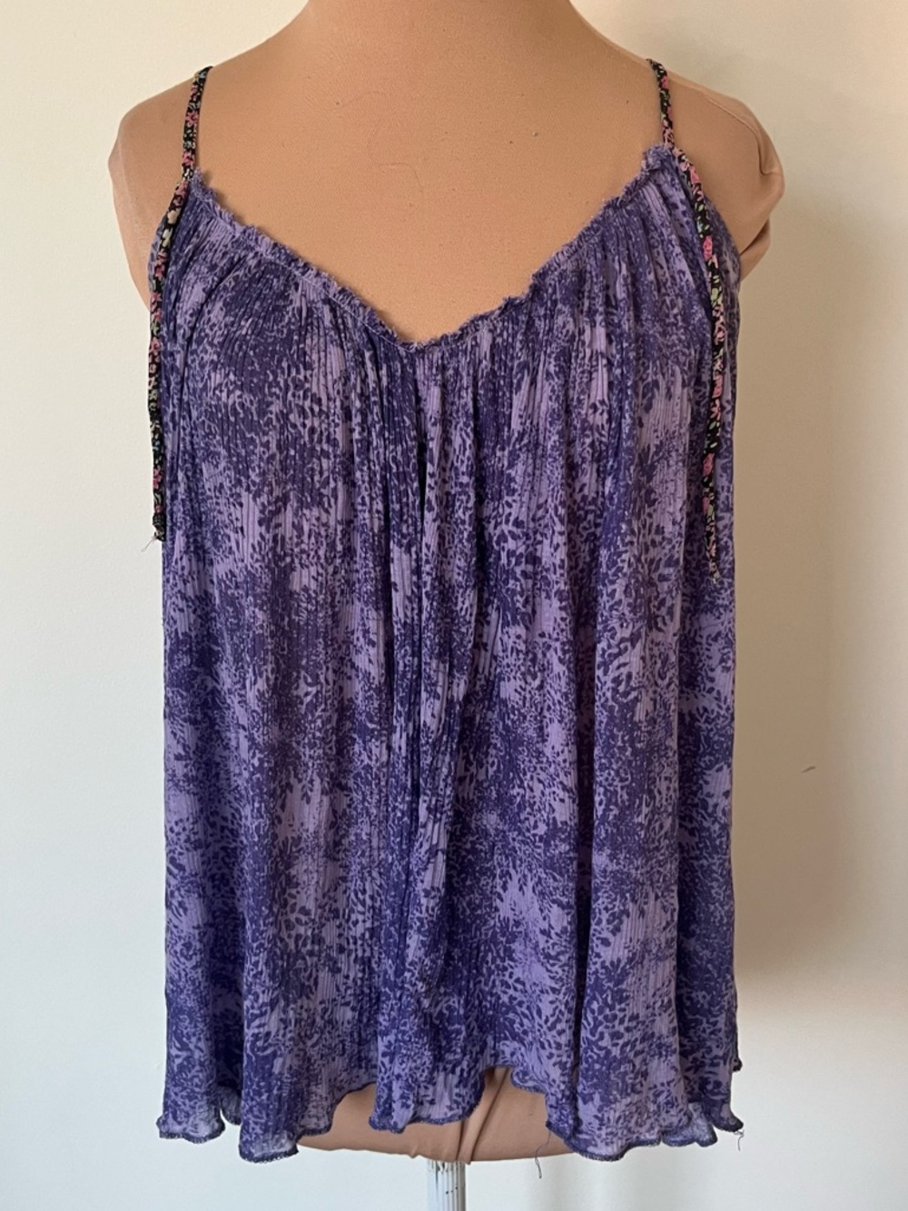 Free People Vintage Flowy Sleeveless Floral Strappy X Low Back Purple Cami Top S